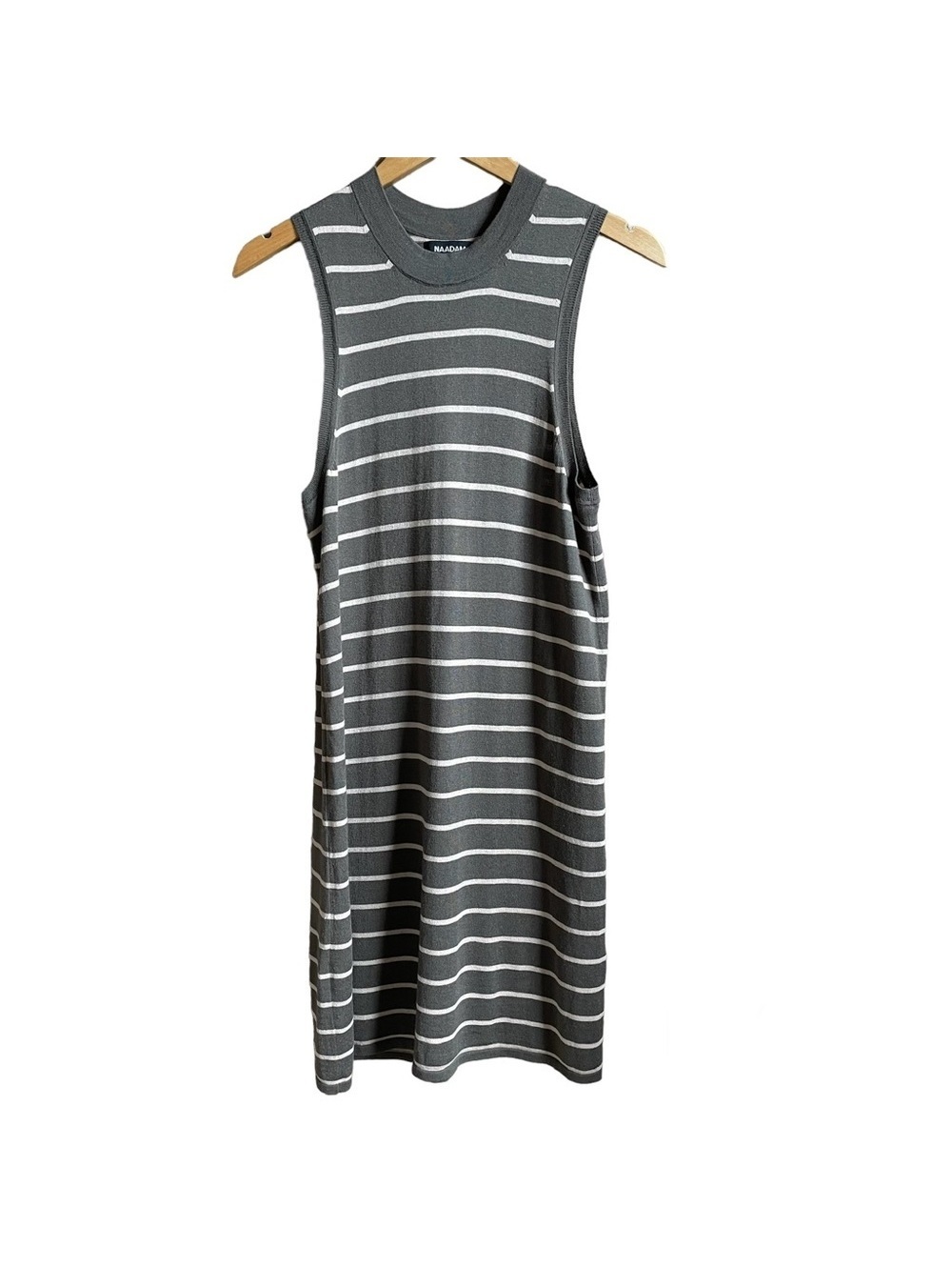 Naadam Striped Mini Shift Dress Faded Army Green Beige Size Medium Cashmere Silk